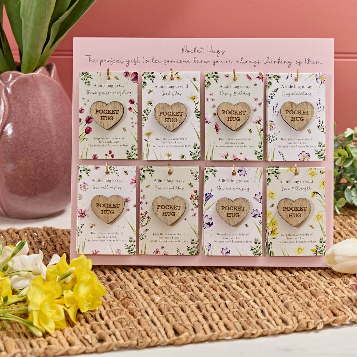 FLORAL WOOD POCKET HEART HUG 8 ASSTD STAND 48