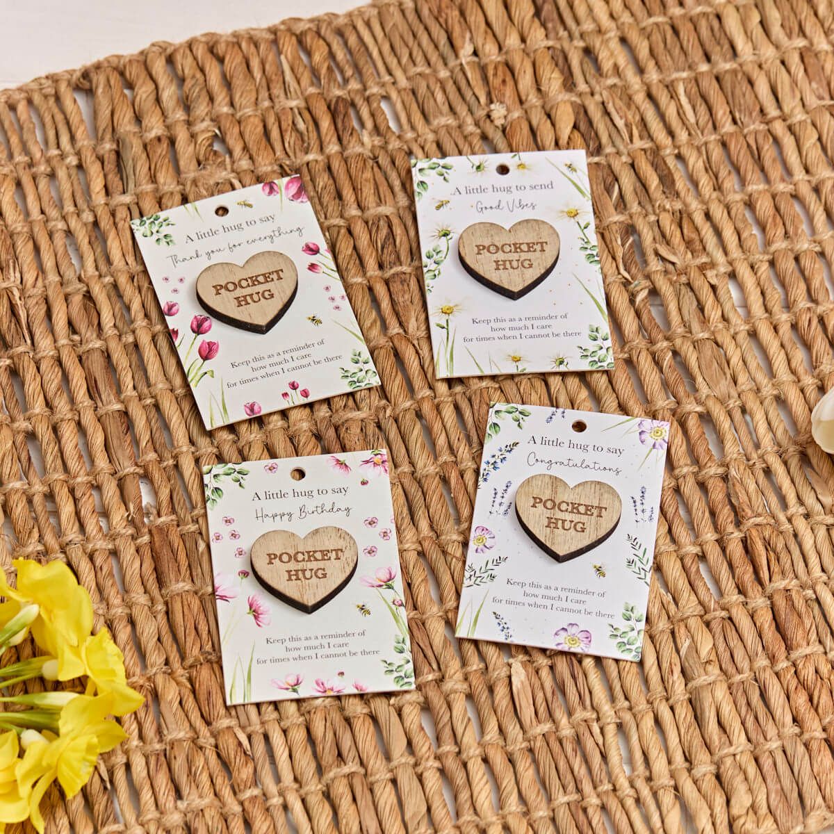 FLORAL WOOD POCKET HEART HUG 8 ASSTD STAND 48
