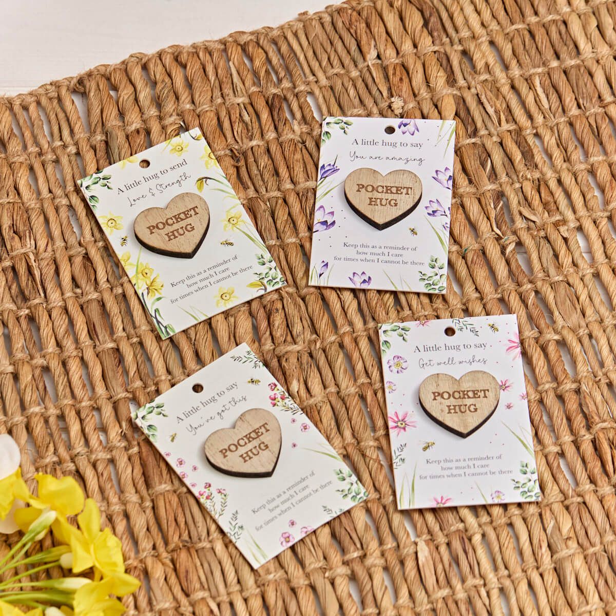 FLORAL WOOD POCKET HEART HUG 8 ASSTD STAND 48