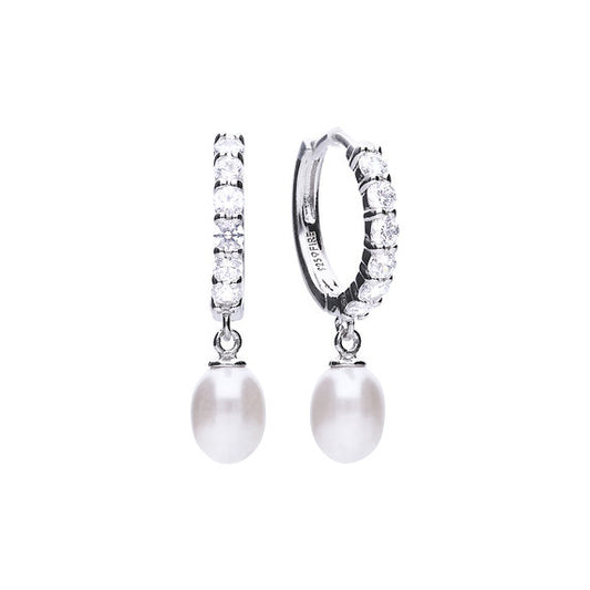 Diamonfire Silver Zirconia Set Hoop Earrings with Pearl Drop