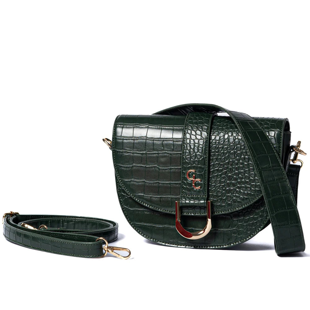 Galway Crystal Fashion Saddle Bag Tan Croc Detail