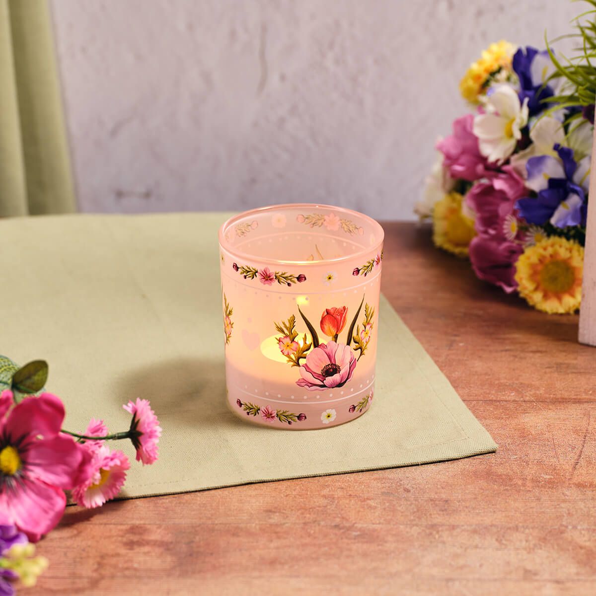 FLORAL SERENADE LILAC MIXED FLOWERS MILKY GLASS TEA LIGHT HOLDER