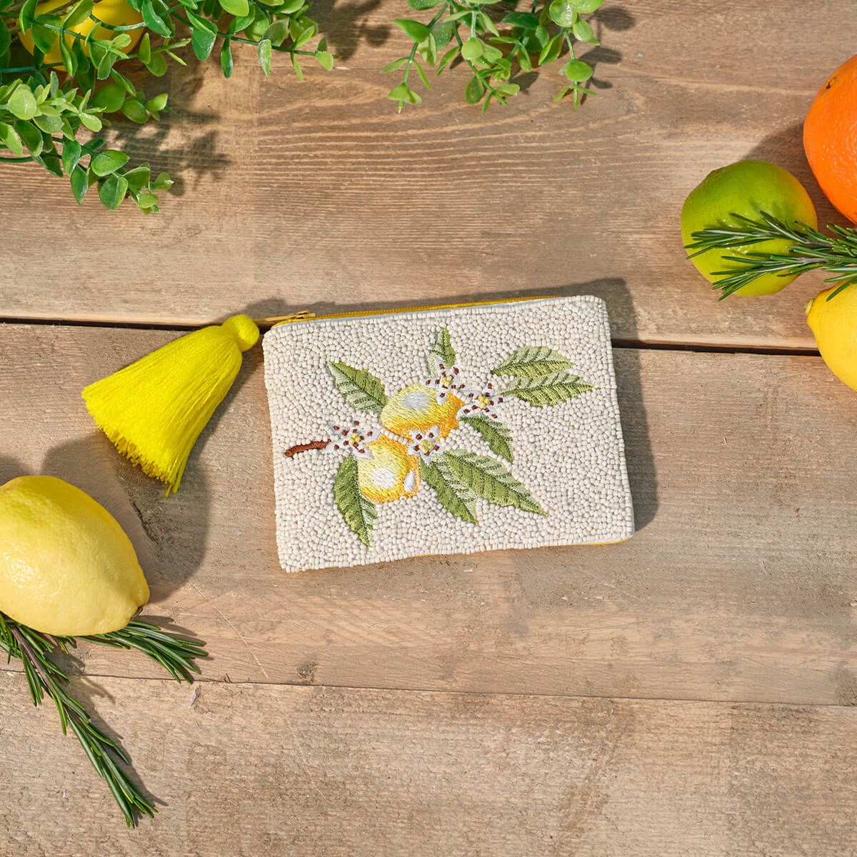 CITRUS AND CHEERS EMBROIDERED LEMON BEADED COIN PURSE WITH TASSEL