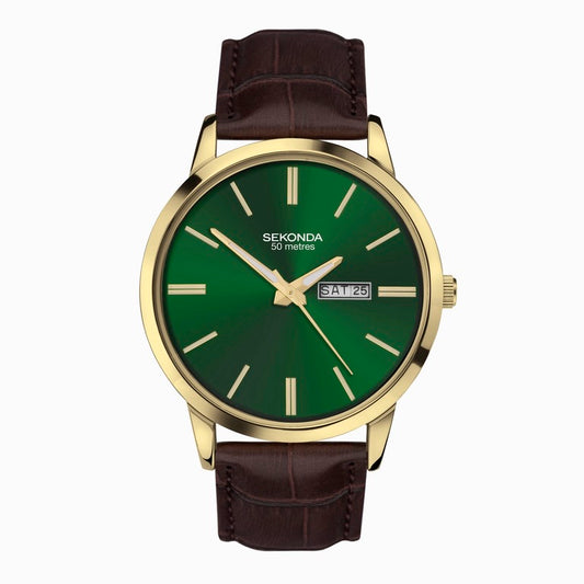 Sekonda Jackson Men’s Watch | Gold Alloy Case & Brown Leather Strap with Green Dial