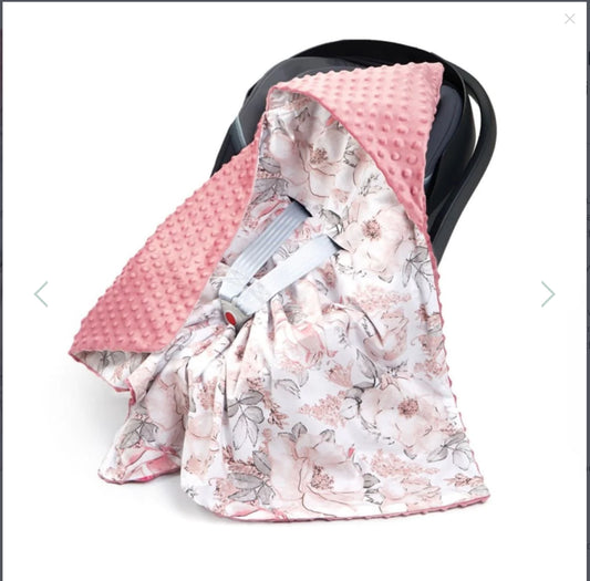 Baby Girl Car Seat Blanket with Hood / Wrap - Dusty Pink Flowers