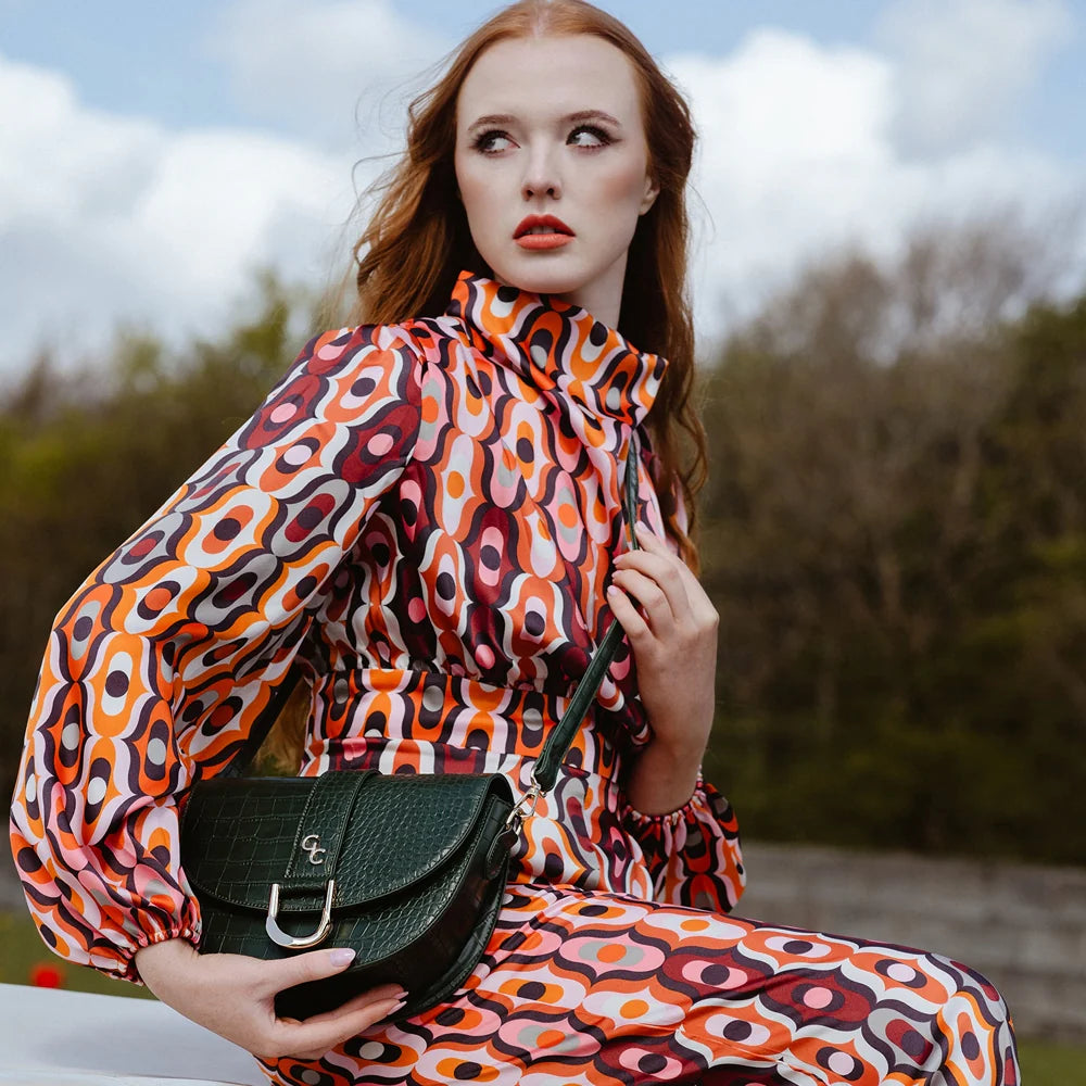 Galway Crystal Fashion Saddle Bag Tan Croc Detail