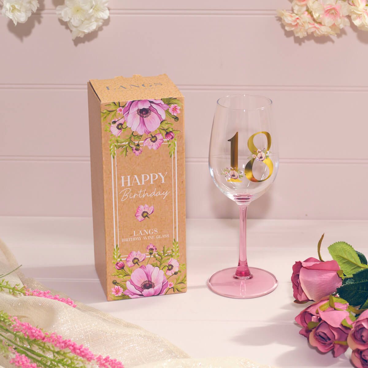 FLORAL CELEBRATION GOLD PRINT 21 BIRTHDAY WINE GLASS IN GIFT BOX