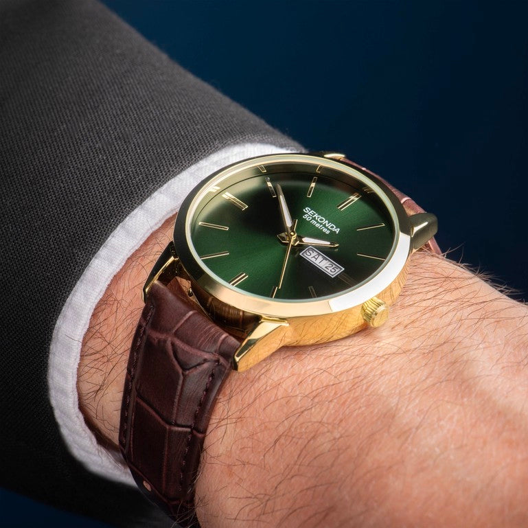 Sekonda Jackson Men’s Watch | Gold Alloy Case & Brown Leather Strap with Green Dial