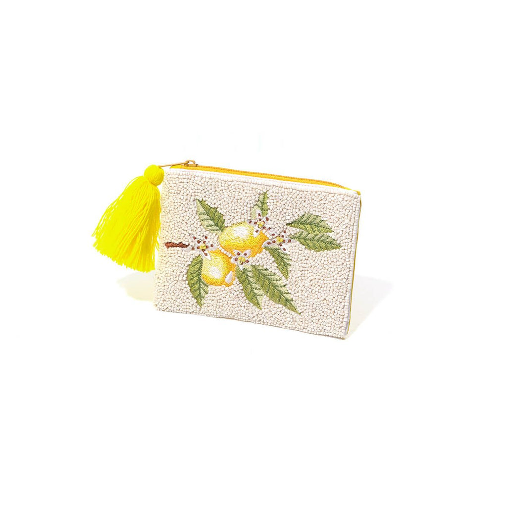 CITRUS AND CHEERS EMBROIDERED LEMON BEADED COIN PURSE WITH TASSEL