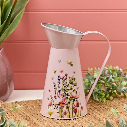 PINK FLORAL TALL METAL JUG DECORATIVE USE ONLY