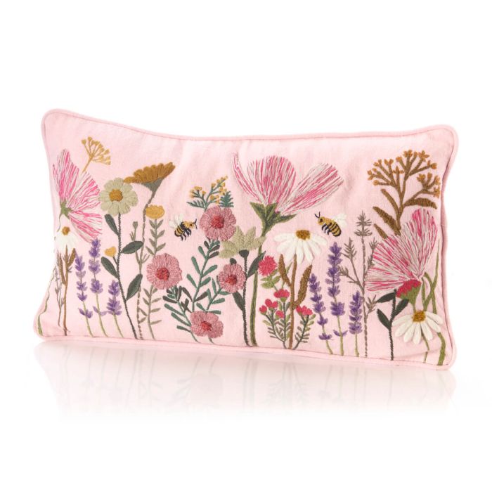 FLORAL PINK BASE EMBROIDERED 100% COTTON RECTANGULAR CUSHION