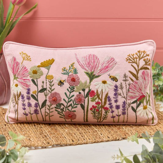 FLORAL PINK BASE EMBROIDERED 100% COTTON RECTANGULAR CUSHION