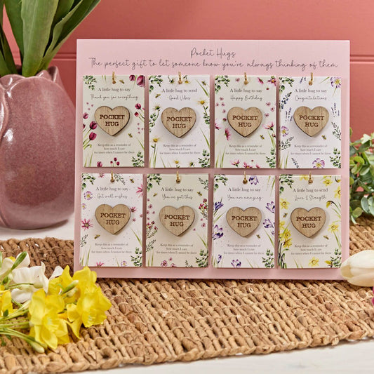FLORAL WOOD POCKET HEART HUG 8 ASSTD STAND 48
