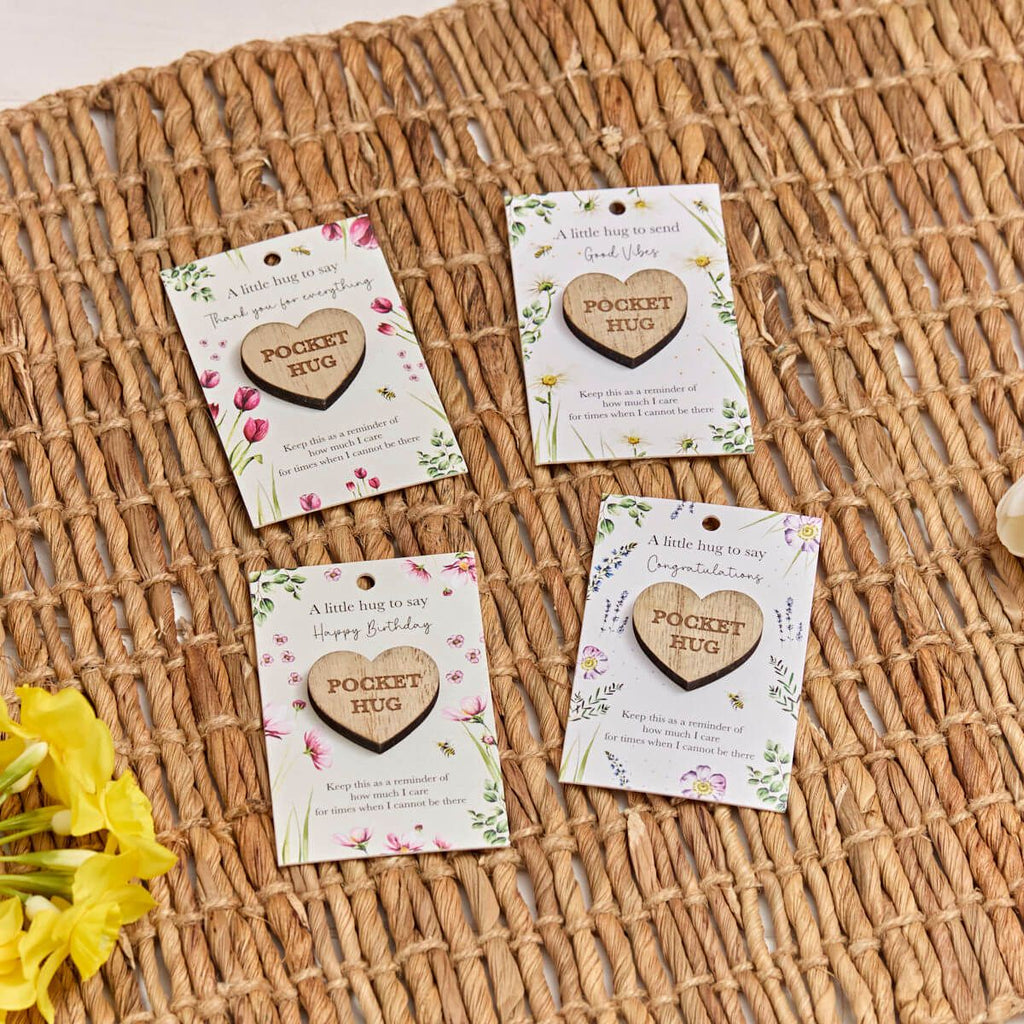 FLORAL WOOD POCKET HEART HUG 8 ASSTD STAND 48