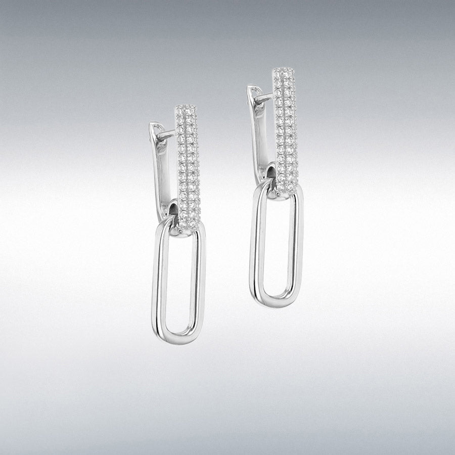 STERLING SILVER RHODIUM PLATED CZ CHAIN LINK DROP EARRINGS