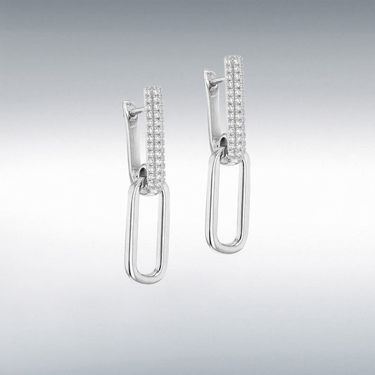 STERLING SILVER RHODIUM PLATED CZ CHAIN LINK DROP EARRINGS