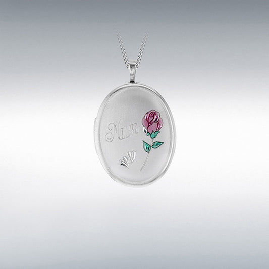 STERLING SILVER ETCHED 'MUM' ROSE OVAL LOCKET