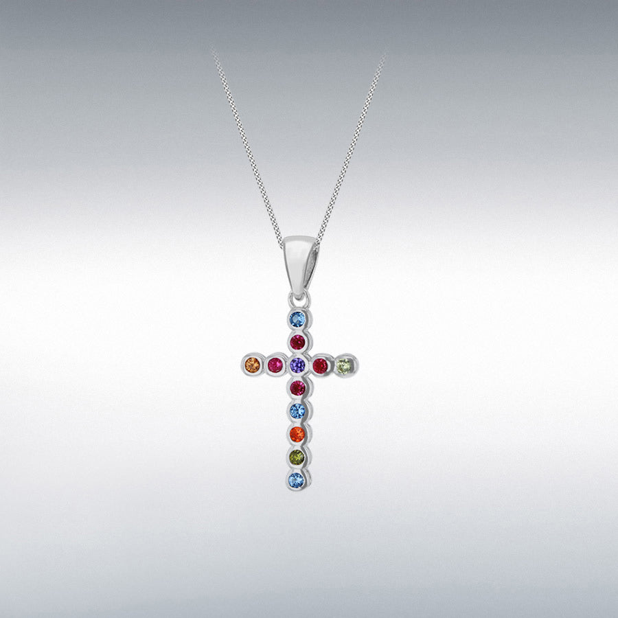STERLING SILVER RHODIUM PLATED MULTI-COLOURED CZ RUBOVER SET 13MM X 28MM CROSS PENDANT