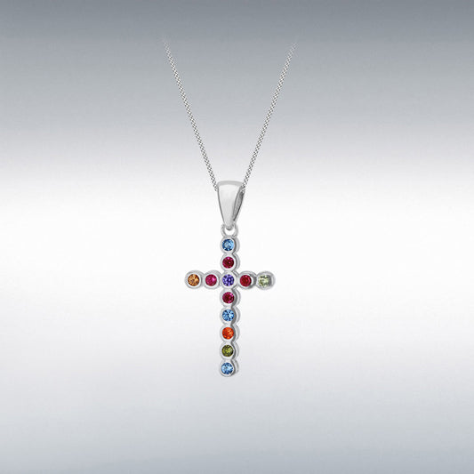 STERLING SILVER RHODIUM PLATED MULTI-COLOURED CZ RUBOVER SET 13MM X 28MM CROSS PENDANT