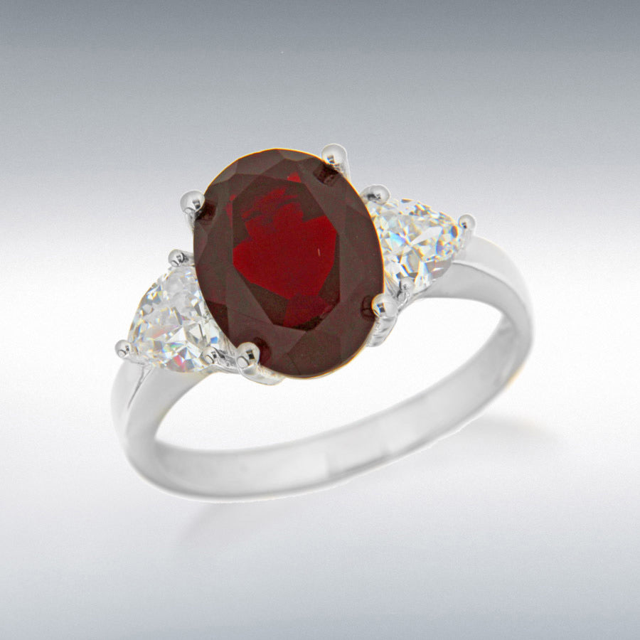 STERLING SILVER RHODIUM PLATED WHITE CZ AND RED GLASS OVAL RING
