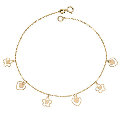 Heart And Flower Charm Bracelet In Yellow Gold