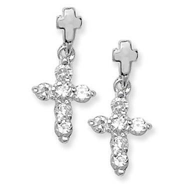 Silver cz drop cross earrings