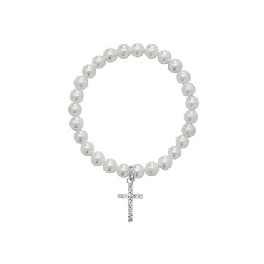 White pearl bracelet with cross charm