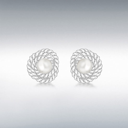 STERLING SILVER 4MM FRESHWATER PEARL 9MM TEXTURED KNOT STUD EARRINGS