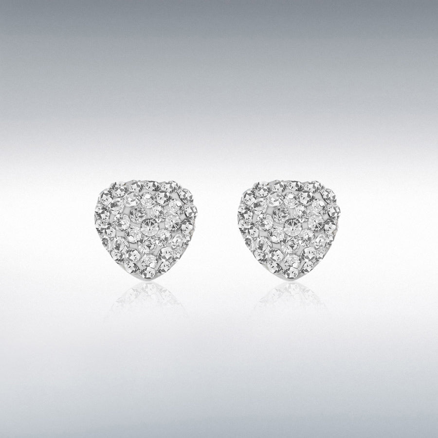 STERLING SILVER RHODIUM PLATED WHITE CRYSTAL HEART STUD EARRINGS
