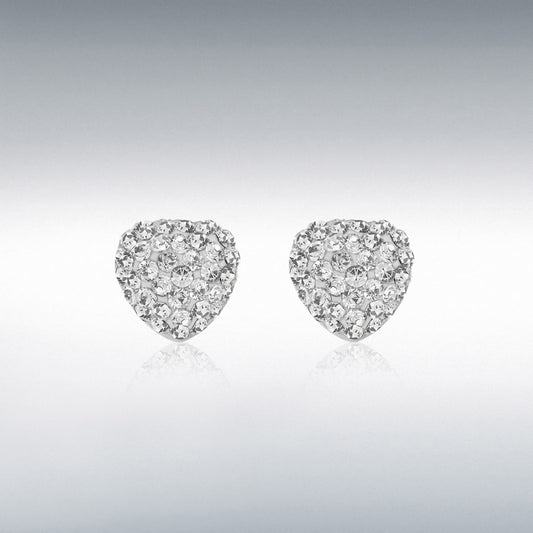 STERLING SILVER RHODIUM PLATED WHITE CRYSTAL HEART STUD EARRINGS