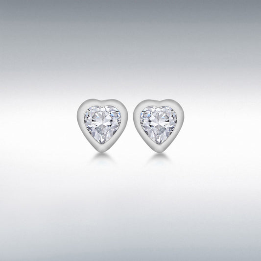 STERLING SILVER RHODIUM PLATED WHITE CZ 5.5MM X 6MM HEART STUD EARRINGS ladies