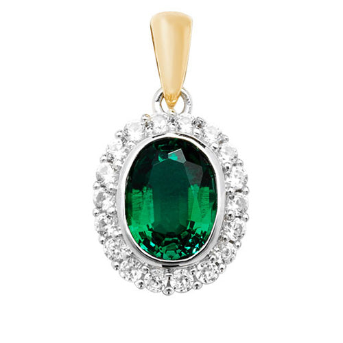 9CT YEL GOLD RH PLATED PENDANT OVAL CREATED EMERALD & WHITE SAPPHIRE