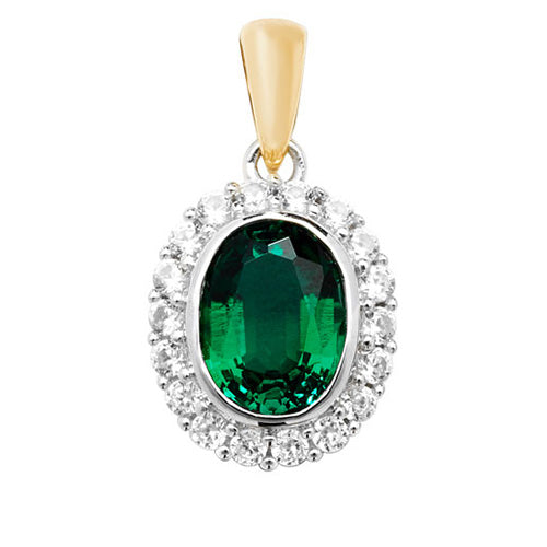 9CT YEL GOLD RH PLATED PENDANT OVAL CREATED EMERALD & WHITE SAPPHIRE