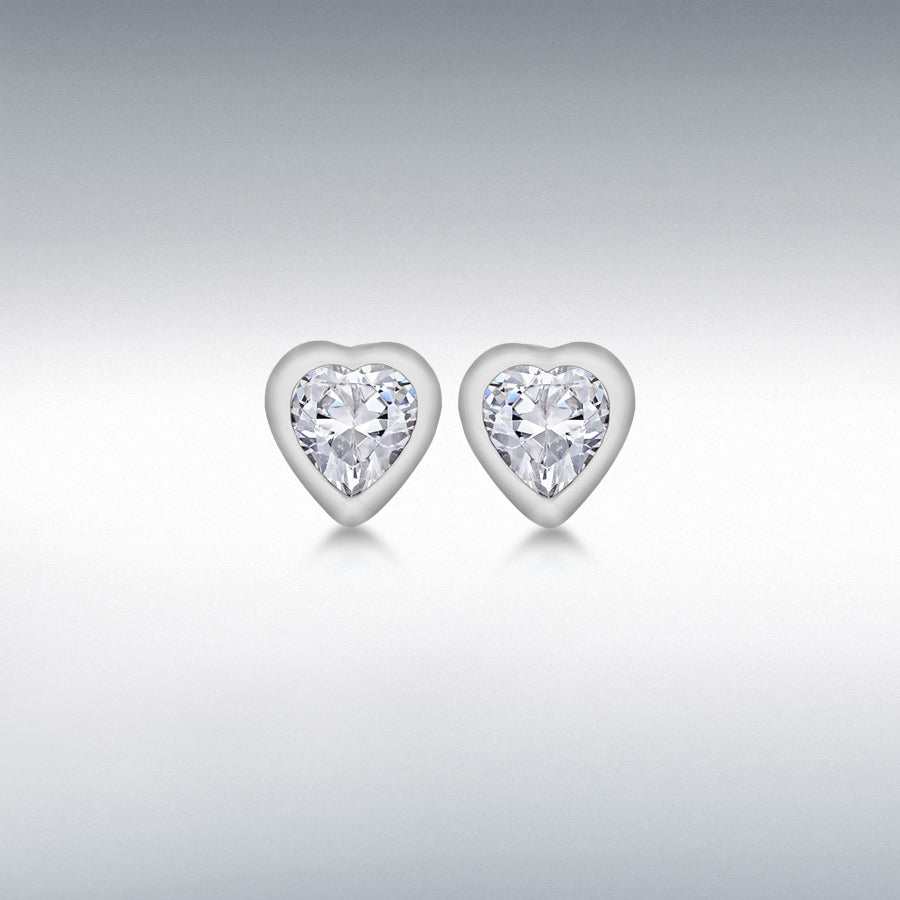 STERLING SILVER RHODIUM PLATED WHITE CZ HEART STUD EARRINGS