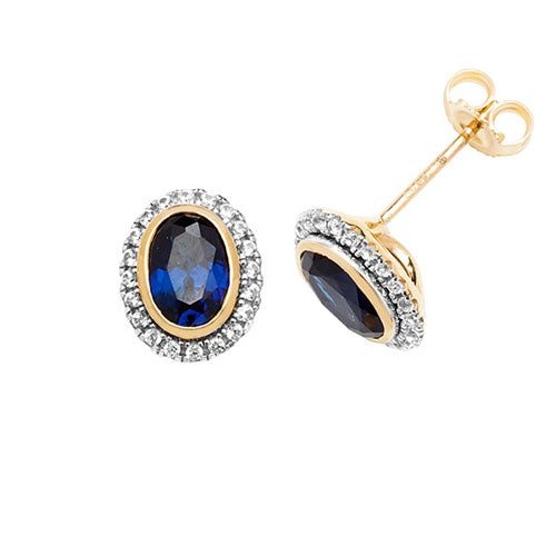 9CT YEL GOLD STUD EARRINGS OVAL CREATED SAPPHIRE & WHITE SAPPHIRE