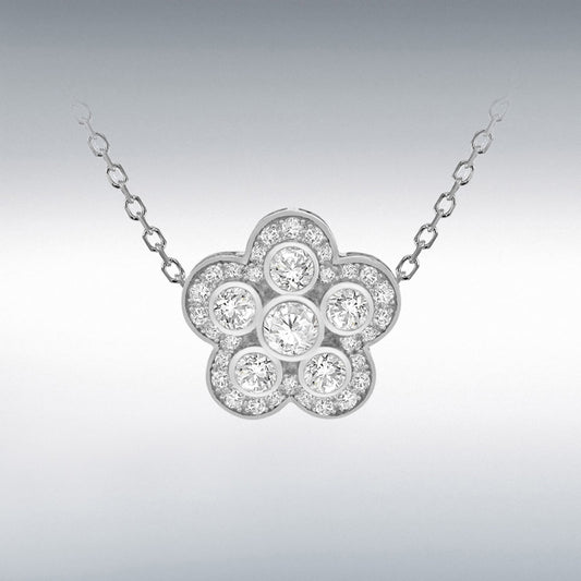 STERLING SILVER RHODIUM PLATED WHITE CZ FLOWER ADJUSTABLE NECKLACE 43CM/17"-46CM/18"