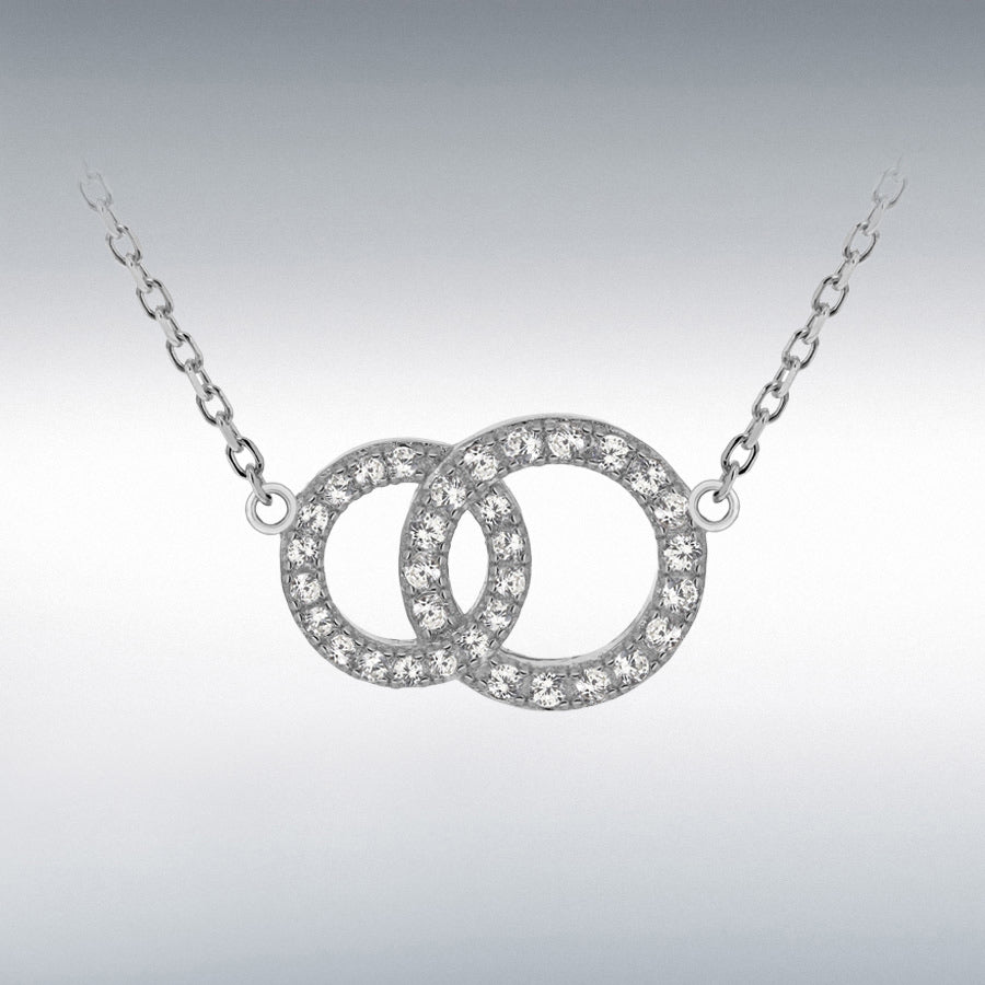 STERLING SILVER RHODIUM PLATED CZ 17.2MM X 12.5MM LINKED-RINGS ADJUSTABLE NECKLACE 43CM/17"-46CM/18"