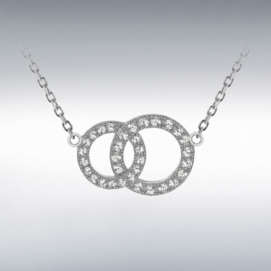 STERLING SILVER RHODIUM PLATED CZ 17.2MM X 12.5MM LINKED-RINGS ADJUSTABLE NECKLACE 43CM/17"-46CM/18"