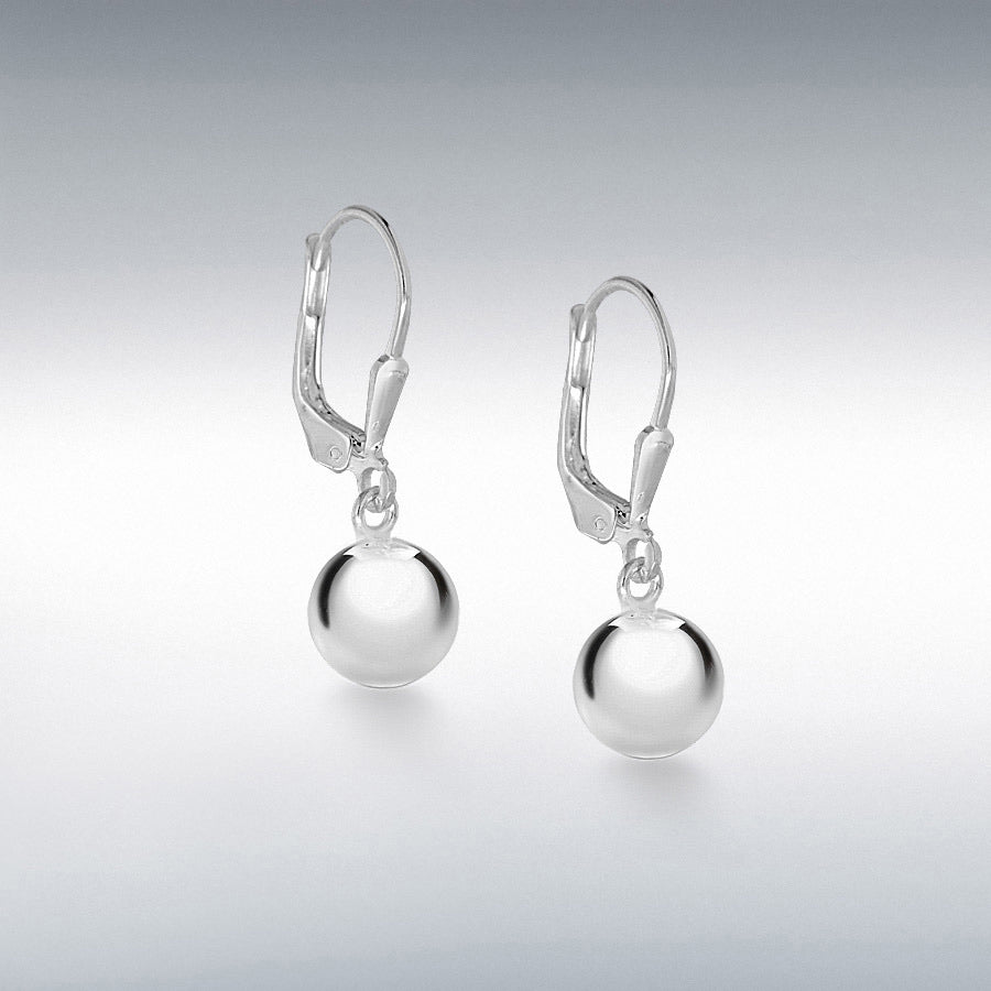 STERLING SILVER 8MM ROUND BALL 8MM X 25MM LEVER BACK DROP EARRINGS