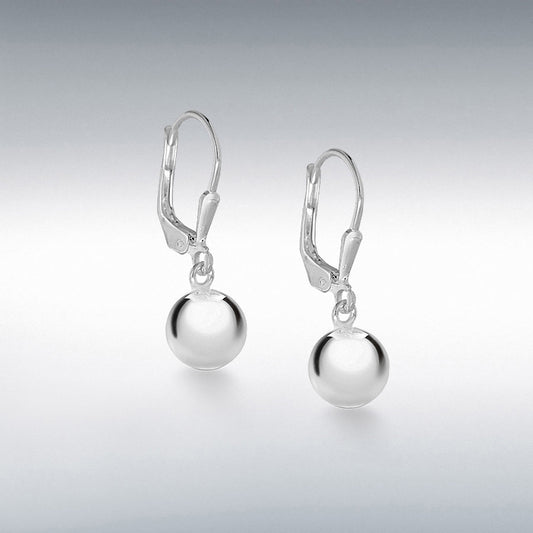 STERLING SILVER 8MM ROUND BALL 8MM X 25MM LEVER BACK DROP EARRINGS