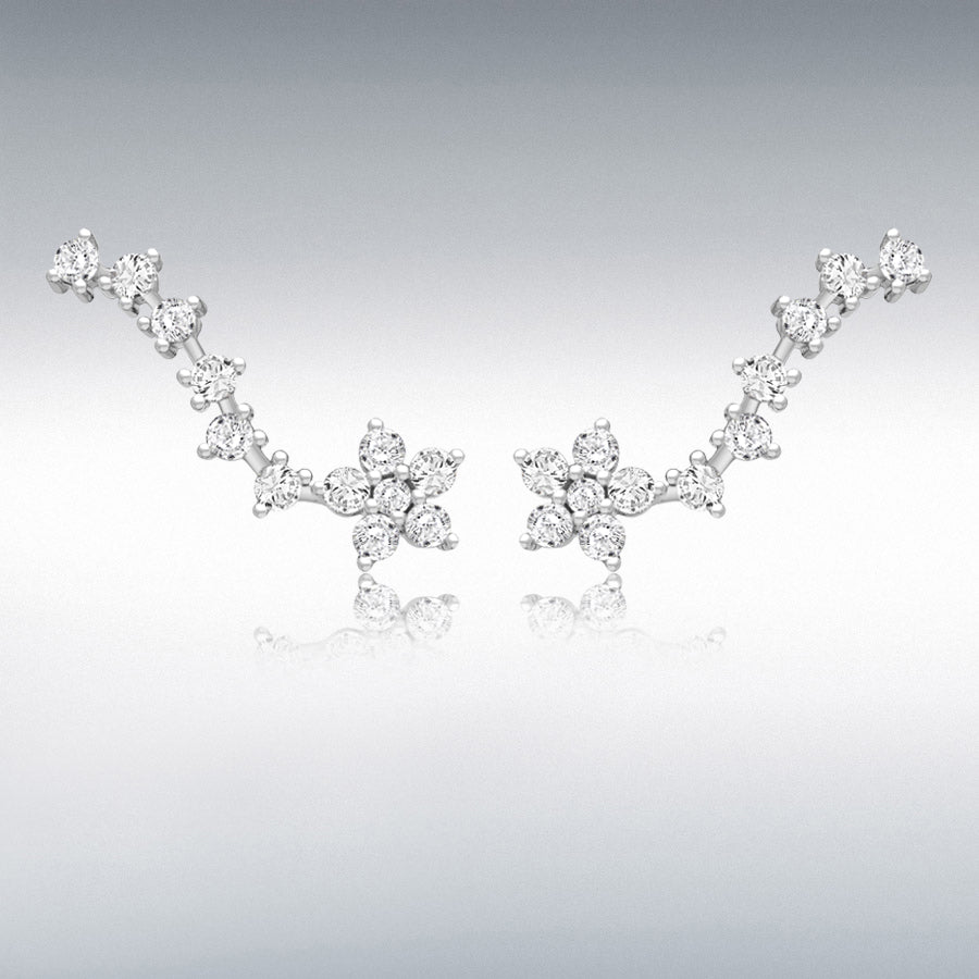 STERLING SILVER RHODIUM PLATED CZ FLOWER COMET CRAWLER EARRINGS