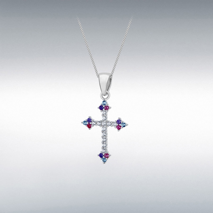 STERLING SILVER RHODIUM PLATED MULTI-COLOURED CZ 15MM X 28.5MM BUDDED CROSS PENDANT