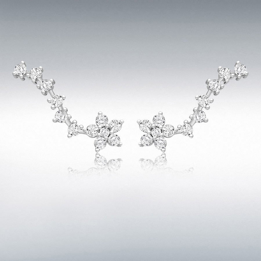 STERLING SILVER RHODIUM PLATED CZ 26.8MM X 8.9MM FLOWER COMET CRAWLER EARRINGS
