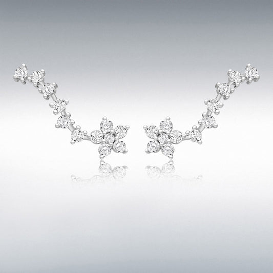 STERLING SILVER RHODIUM PLATED CZ 26.8MM X 8.9MM FLOWER COMET CRAWLER EARRINGS