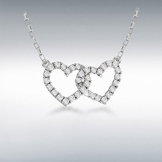 STERLING SILVER RHODIUM PLATED CZ 19MM X 10MM DOUBLE-HEART ADJUSTABLE NECKLET 39.5CM/15.5"-42CM/16.5"